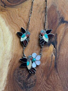 Vintage Zuni Hummingbird Signed Inlay Necklace